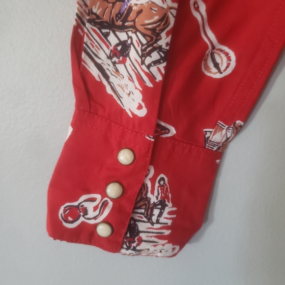 Panhandle Red Western Cowboy Rodeo Print Snap Front Vintage Top - Picture 4 of 10